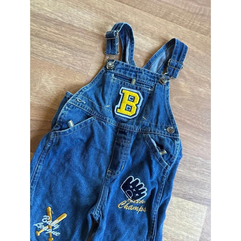 Vintage baseball denim patch baby overalls